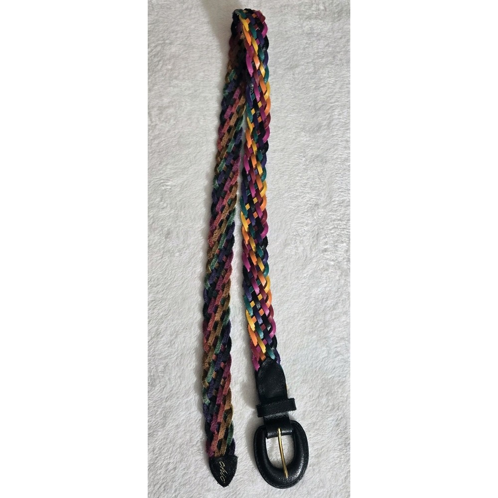 Vintage 80s Boho Multicolor Braided Genuine Leather Belt by Chic Jeans Size M